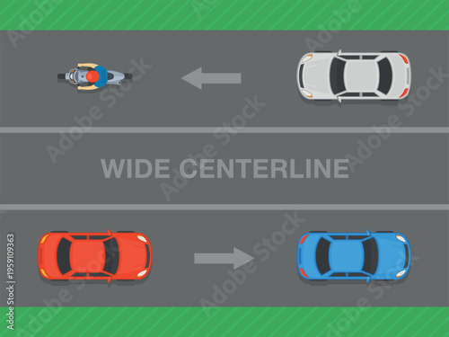 Safe driving tips and traffic regulation rules. Wide center lines increase the distance between oncoming lanes of traffic to help prevent head-on crashes. Top view. Flat vector illustration template.