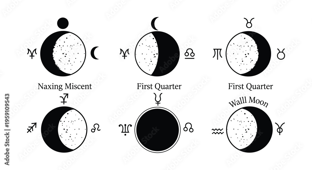Naklejka premium Illustrative depiction of lunar phases astrological symbols and zodiac signs
