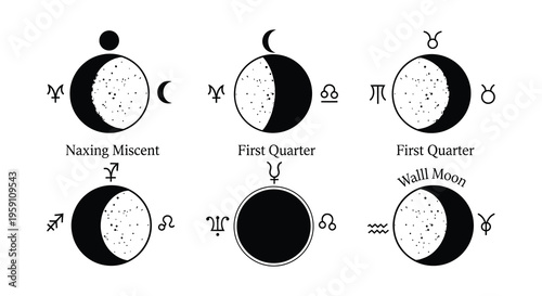 Illustrative depiction of lunar phases astrological symbols and zodiac signs