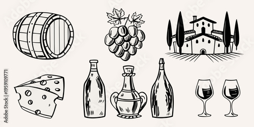 A charming sketch of wine cheese and a tuscan countryside scene