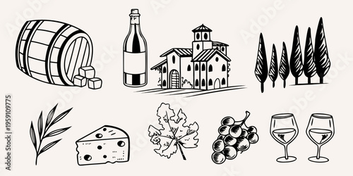 A vintage wine and cheese illustration featuring a castle and vineyard scene