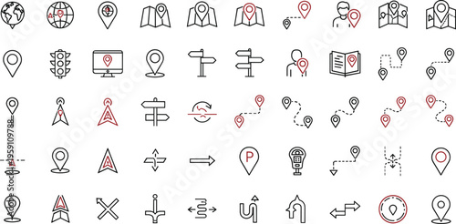 Large collection of navigation and location vector icons featuring map pins globe markers traffic signs and GPS tracking symbols for travel and logistics