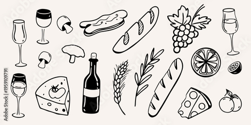 A charming black and white illustration of a delightful picnic spread