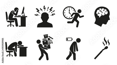 Burnout & Workplace Stress Vector Icon Set – Honest Vectors Featuring Fatigue, Overload, Deadline Pressure, Mental Exhaustion, Low Energy, and Emotional Overwhelm