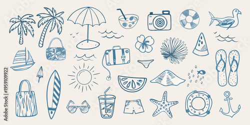 Hand drawn summer doodles featuring beach items and tropical elements