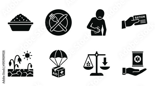 Food Insecurity & Hunger Crisis Vector Icon Set – Urgent Vectors Featuring Empty Plates, Ration Supplies, Agriculture Failure, Starvation, Emergency Aid, and Scarcity Symbols