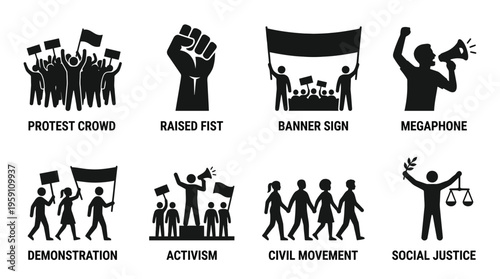 Activism & Social Justice Vector Icon Set – Powerful Vectors Featuring Protest Crowds, Raised Fists, Civil Movements, Demonstrations, Megaphones, Banner Signs, and Equality Symbols