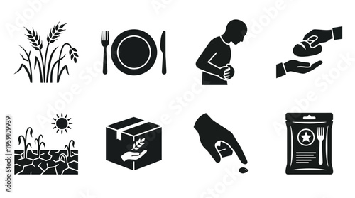 Food Insecurity & Hunger Crisis Vector Icon Set – Urgent Vectors Featuring Empty Plates, Ration Supplies, Agriculture Failure, Starvation, Emergency Aid, and Scarcity Symbols