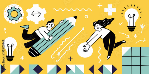 Collaboration fuels innovation people propelling a giant pencil forward