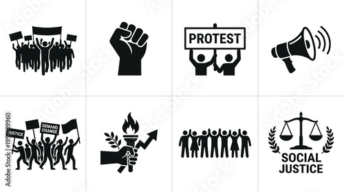 Activism & Social Justice Vector Icon Set – Powerful Vectors Featuring Protest Crowds, Raised Fists, Civil Movements, Demonstrations, Megaphones, Banner Signs, and Equality Symbols