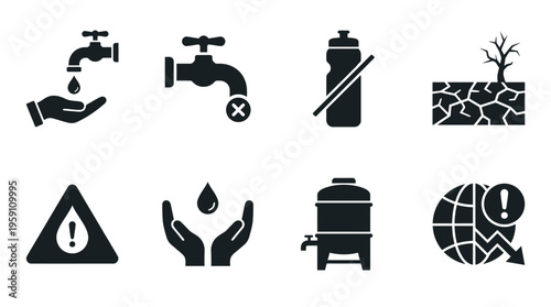 Water Scarcity & Drought Crisis Vector Icon Set – Urgent Vectors Featuring Dry Taps, Empty Bottles, Drought Land, Crisis Warnings, Water Tanks, and Scarcity Symbols