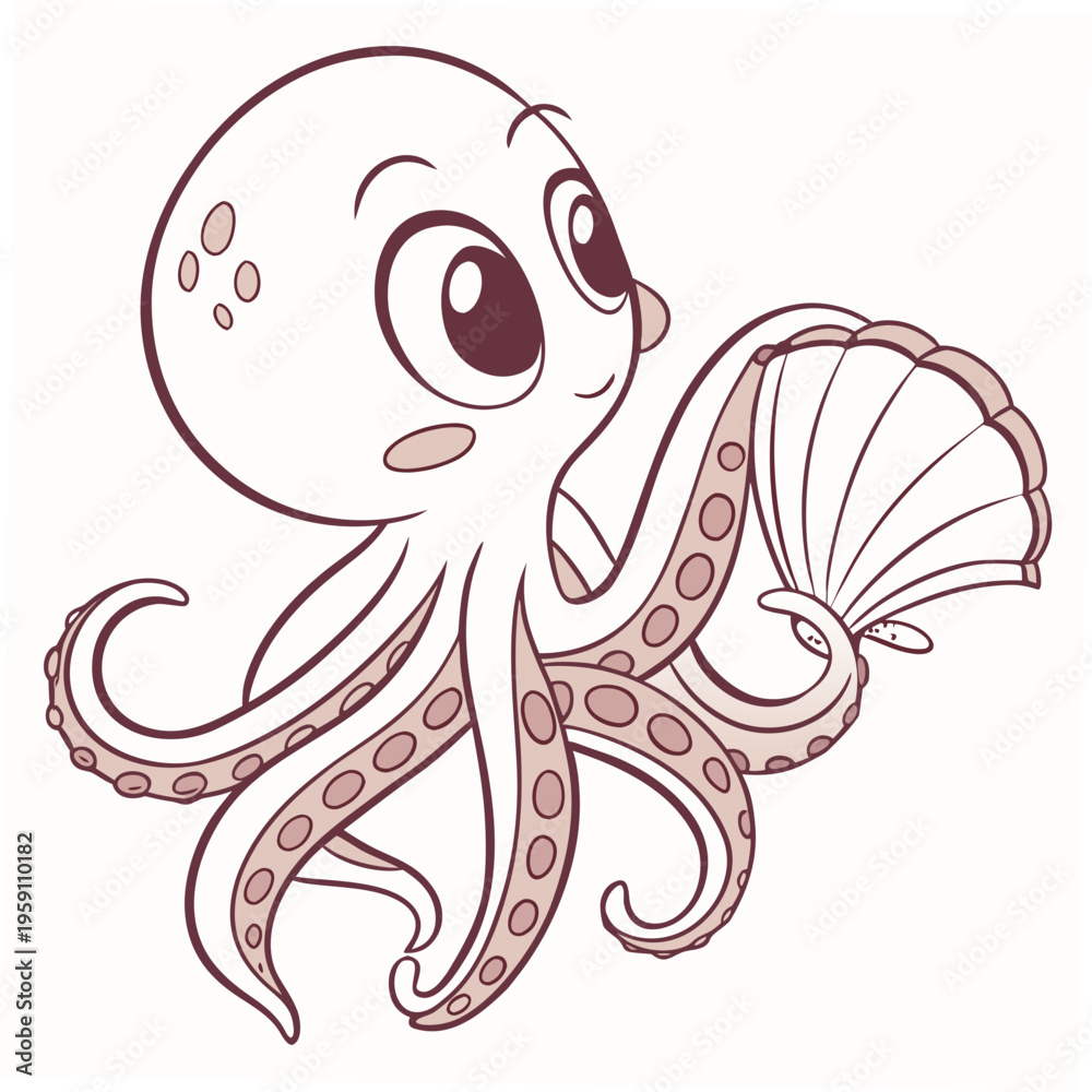 Obraz premium Cute octopus, cartoon sea creature, red line art, vector illustration, ocean animal