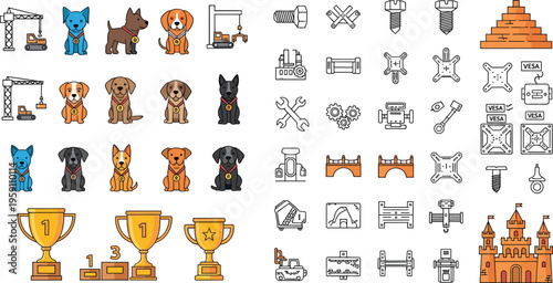 Large vector illustration collection featuring pixel art construction cranes cute dogs with medals gold trophies industrial tools and sandcastle fortress icons