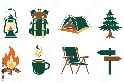 Camping and outdoor adventure icons set featuring lantern tent backpack and more essentials for nature trips