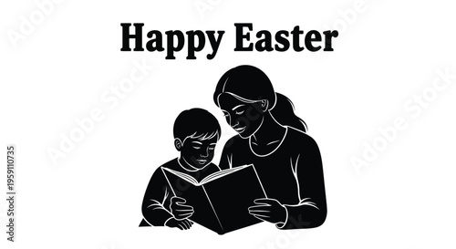 Happy Easter vector graphic illustration depicting a loving mother reading a storybook to her attentive young son