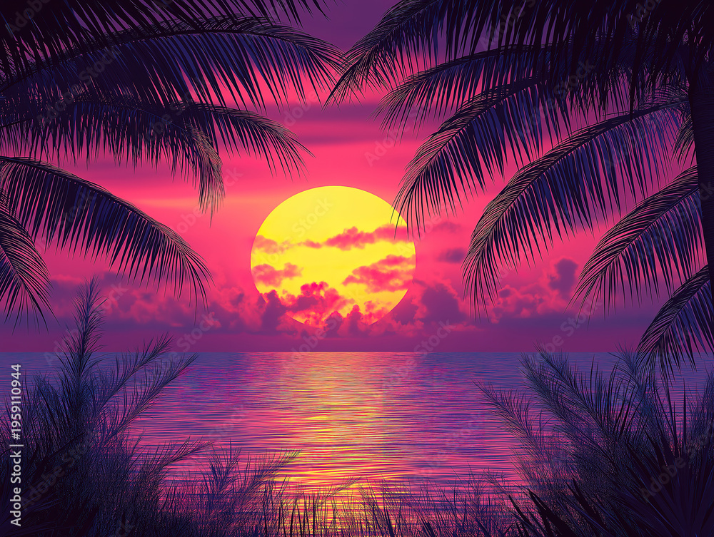 Obraz premium Golden Sunrise Behind Graceful Palm Leaves in Motion