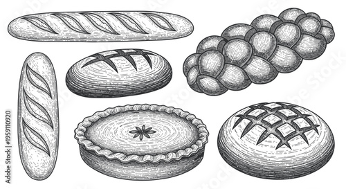 Hand-Drawn Bakery Assortment: Bread, Pie, and Pastry Illustrations