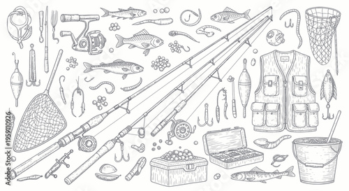 Fishing Gear Collection Sketch - Rods, Reels, Nets, Lures, Bait, Vest, Bucket