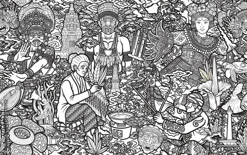 Hand Drawn Seamless Pattern of Indonesia Cultural Diversity