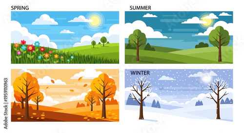 Set of four seasonal landscape banners showing spring summer autumn and winter nature scenes