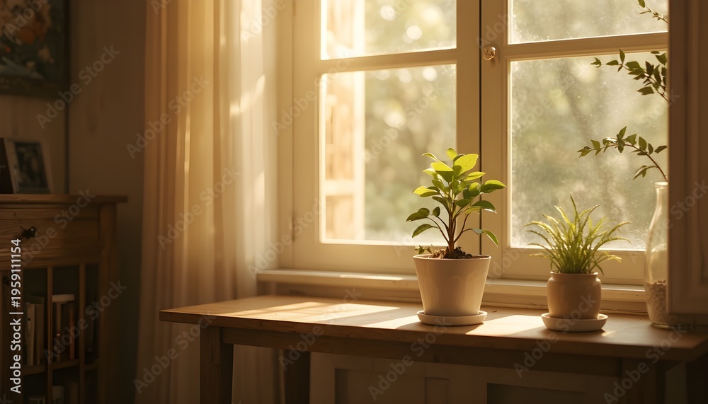 Fototapeta premium Flowers in Pot with Soft Sunlight by Window