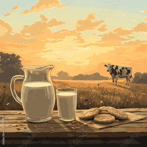 Fresh milk in glasses and a pitcher with cookies sit on a wooden table with a cow grazing in the background at sunset , vector style simple color