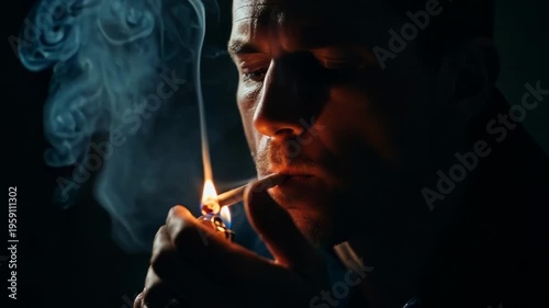 Man Lights Cigarette with Lighter, Dramatic Smoke Effect, Close-up Portrait
