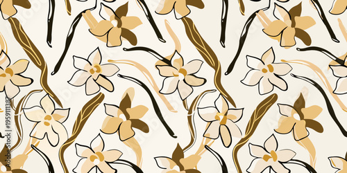 Stylized floral pattern with delicate vanilla orchid blooms and stems