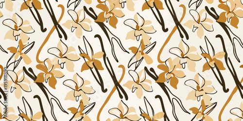 Abstract floral pattern with sketched orchid like blooms in warm tones