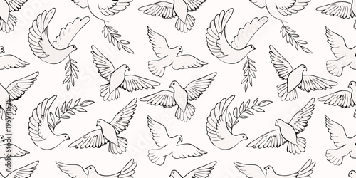 Photos A seamless pattern of sketched doves and olive branches on white