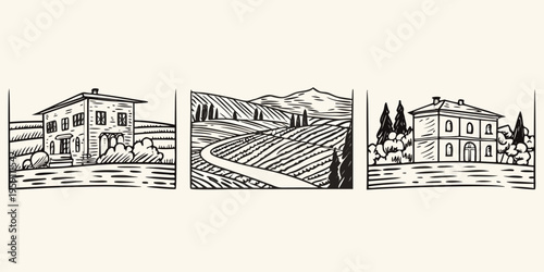 Triptych of vintage style sketches depicting european countryside scenes