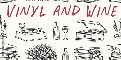 A vintage style pattern featuring vinyl records wine and classic objects
