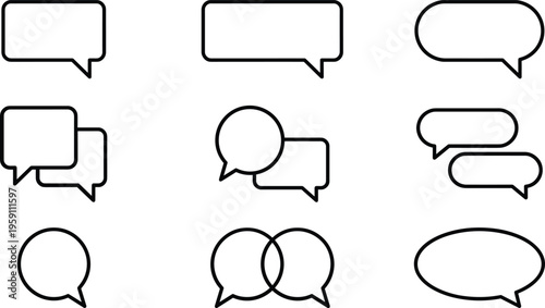 A set of line art speech bubbles in various shapes and sizes for design and vector use