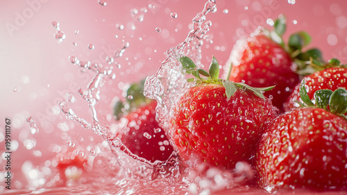 A vibrant splash of water hits a pile of fresh strawberries on a pink background