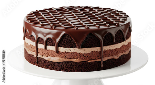 Chocolate cake with chocolate icing on a white cake stand, isolated on white background