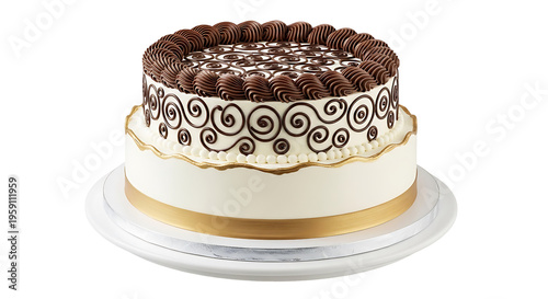 Decorated cake on a glass plate, chocolate and cream dessert for bakery or restaurant, isolated on white background