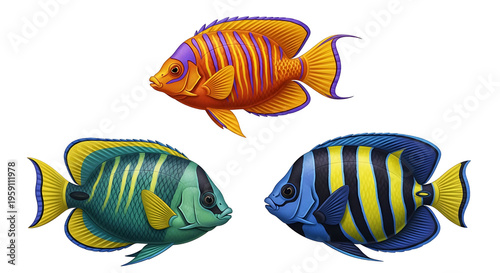Colorful tropical fish icons for aquatic and marine designs, isolated on white background