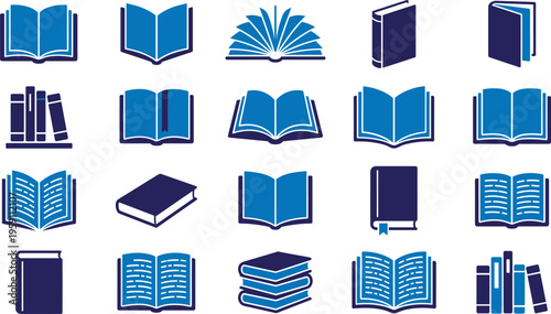 A set of blue and dark blue vector line art book silhouettes in various designs and concepts for educational or publishing use