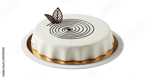 Delicious white chocolate cake with decorative leaf on top, isolated on white background