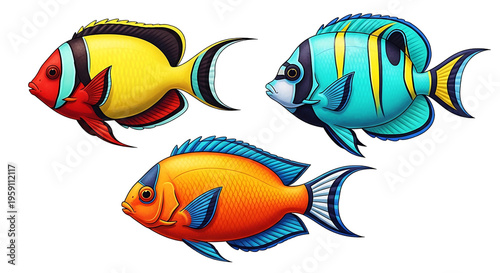 Colorful tropical fish icons for aquarium decoration and marine life education, vector illustration