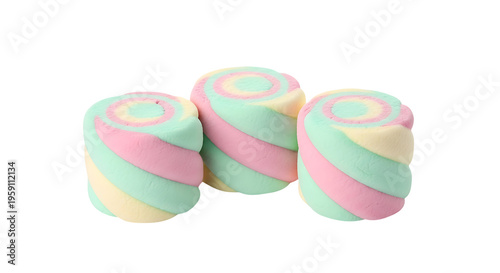Pastel candy rolls, colorful sweets for dessert and snacking, isolated on white background