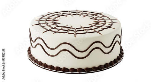 Decorated cake with chocolate lines on white frosting for bakery and dessert presentation, isolated on white background