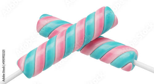 Pink and blue striped lollipops on white sticks for food and candy design, colorful sweet treats