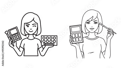 Women Holding Cosmetic Palettes Representing Makeup Product Selection And Beauty Routine Vector Illustration