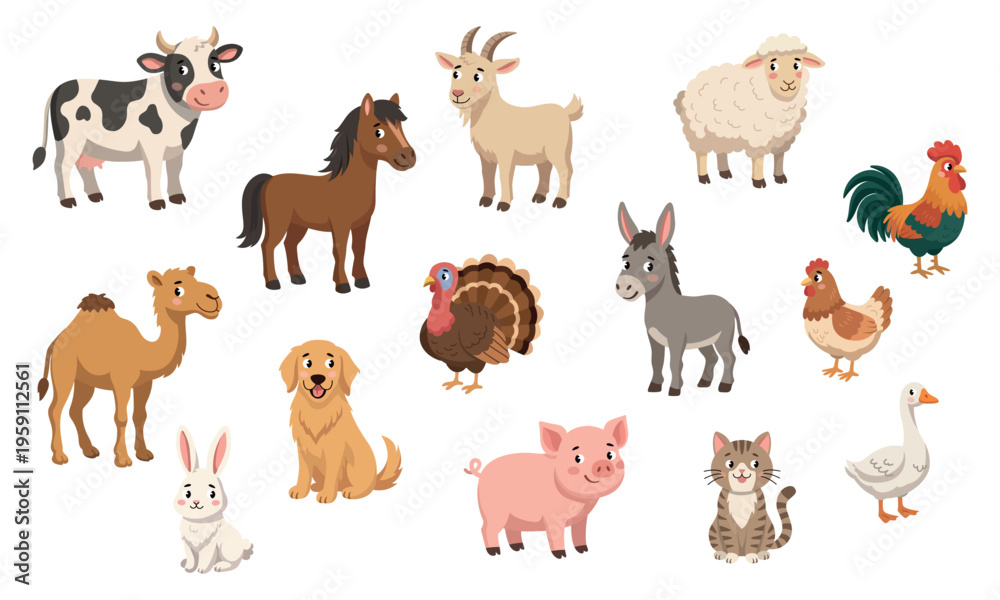 Fototapeta premium Cute cartoon farm animals vector collection for kids design projects