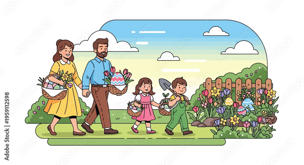 Fototapeta premium Happy cartoon family walking through a sunny spring garden carrying baskets filled with colorful decorated Easter eggs