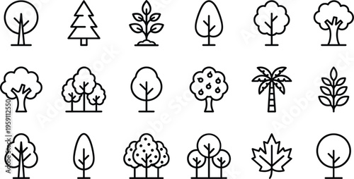 A set of line art tree silhouettes in a vector design concept for nature and landscape illustrations