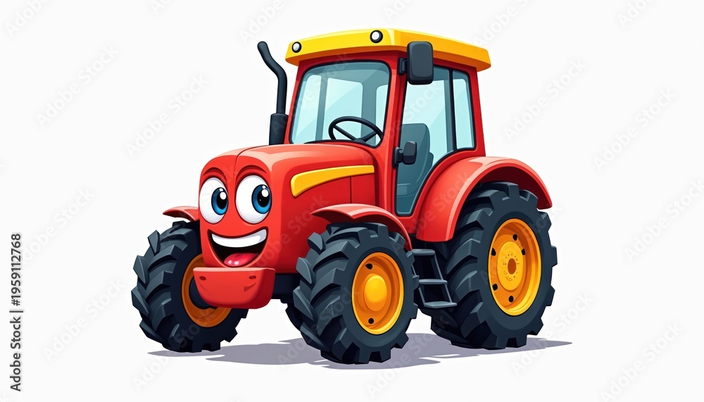 Obraz premium Cute red cartoon tractor with big happy eyes and wide smile. Yellow roof and wheels. Friendly vehicle for kids illustrations and farm themes.