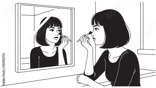 Woman Applying Makeup In Front Of Mirror Representing Daily Beauty Routine And Personal Grooming Vector Illustration