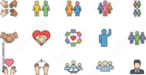 Diversity inclusion community icons set with teamwork unity support people hands and social connection illustration